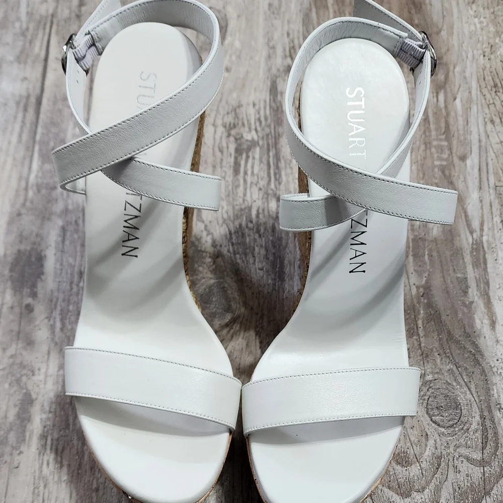 Stuart Weitzman 5050 Wedge Sandal Women's Size 10 White Natural Leather - Picture 8 of 14